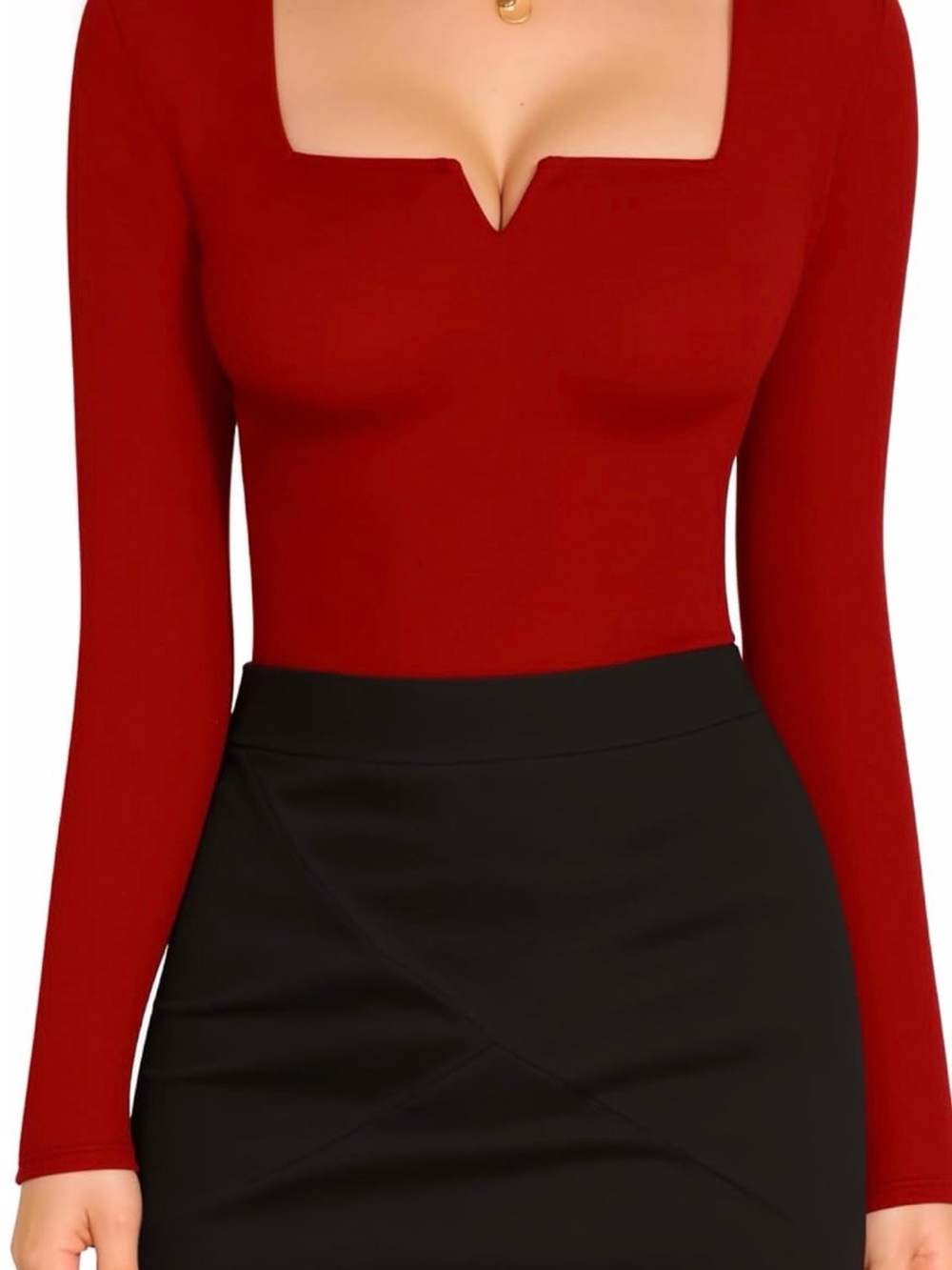 Square Neck Long Sleeve Bodysuit in Deep Red